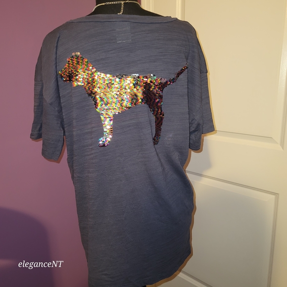 PINK By Victoria's Secret T Shirt in Blue With Sequin Dog Sz: M - Picture 3 of 10